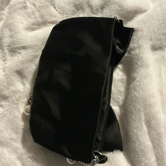 White House Black Market Elegant Black Satin Clutch with Pearl Chain - Picture 3 of 3